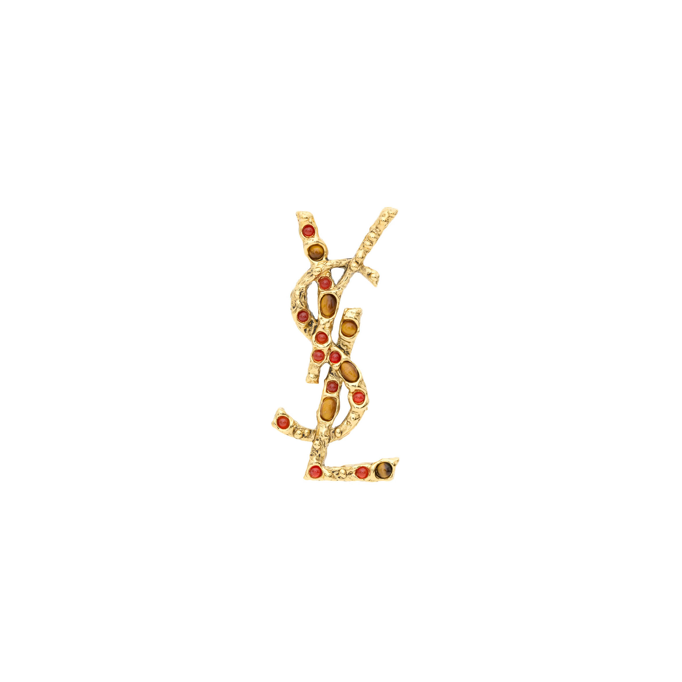 YSL CASSANDRE BROOCH IN TIGER'S EYE SUNSTONE AND METAL 833952YOTPS7778